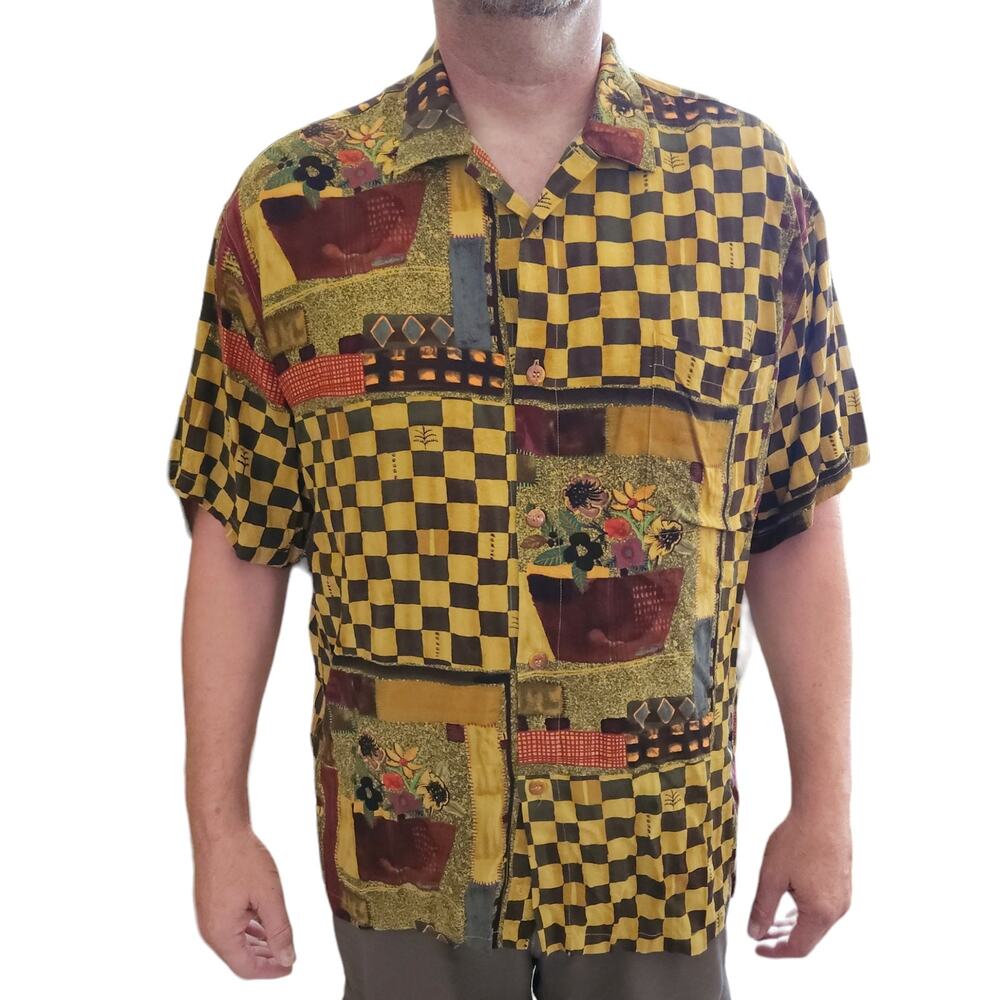 vintage JAMS WORLD Still Life checkered floral button up Hawaiian shirt Size XL